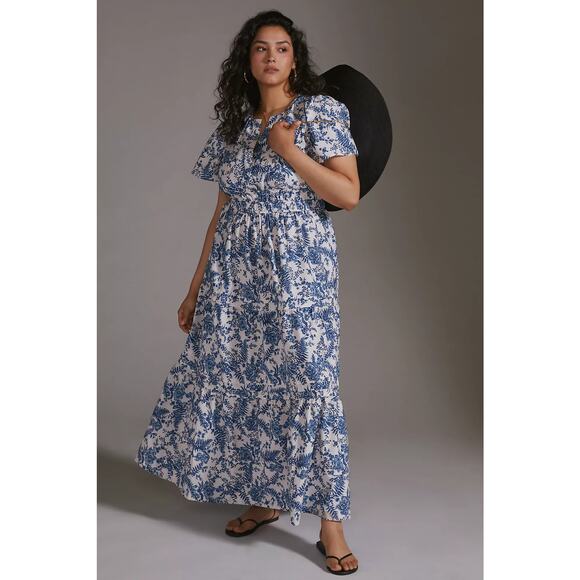 Anthropologie Maeve The Somerset Maxi Dress Blue White Fern Toile - Picture 5 of 12